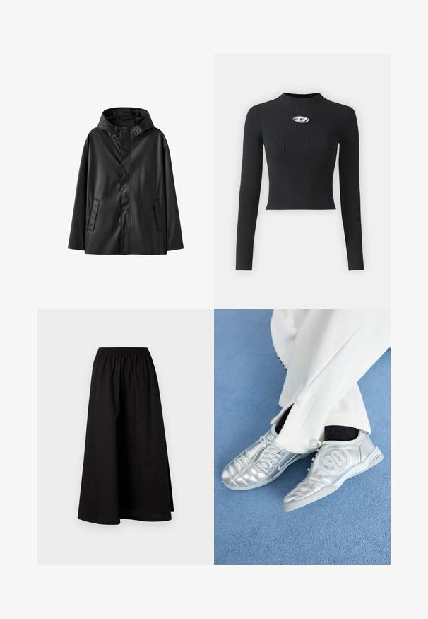 Fekete vízálló dzseki kapucnival, sima textúrával, patent gombos záródással és két oldalsó zsebbel. Klasszikus dizájn, laza fazonnal.; Fekete bordázott, hosszú ujjú felső, testhez simuló sziluettal és kerek nyakkivágással. Középen ezüst színű kiegészítő díszíti.; Fekete, térd hosszúságú szoknya könnyű anyagból, rugalmas derekú és laza, A vonalú sziluettel. Nincsenek látható minták.; Ezüst sportcipők sima, fényes felülettel, varrott mintázattal és a 90-es számmal az oldalán, fehér nadrággal párosítva.