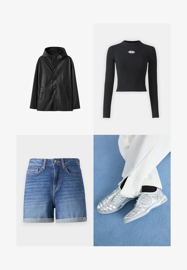 Svart vanntett jakke med hette, med en glatt tekstur, trykknappslukking og to sidelommer. Klassisk design med en avslappet passform.; Svart ribbet langermet topp med en tettsittende silhuett og rund halslinje. Har et sentralt sølvfarget detalj. ; Denimshorts i falmet blå med oppbrettede kanter. Har glidelås, frontlommer og en subtil tekstur. Knapplukking i livet.; Sølv atletikksko med en glatt, skinnende overflate, med et sydd design og tallet 90 på siden, kombinert med hvite bukser.