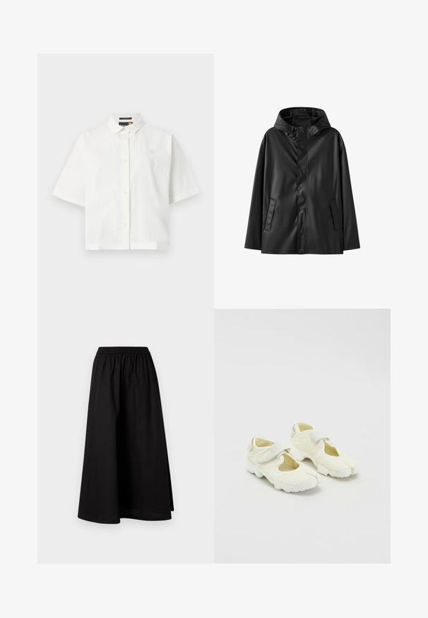 Svart vattentät jacka med huva, med en slät textur, tryckknappsstängning och två sidofickor. Klassisk design med en avslappnad passform.; Vit kortärmad skjorta i strukturerad tyg, vanlig krage och knappstängning. Litet logotyp på bröstet. Avslappnad passform.; Svart, knälång kjol gjord av lätt material med elastisk midja och en avslappnad A-linjeform. Inga synliga mönster.; Vita mesh-skor med en strukturerad design, utrustade med en Velcro-rem och urgröpta sidor, texturerat tyg och en kraftig sula.