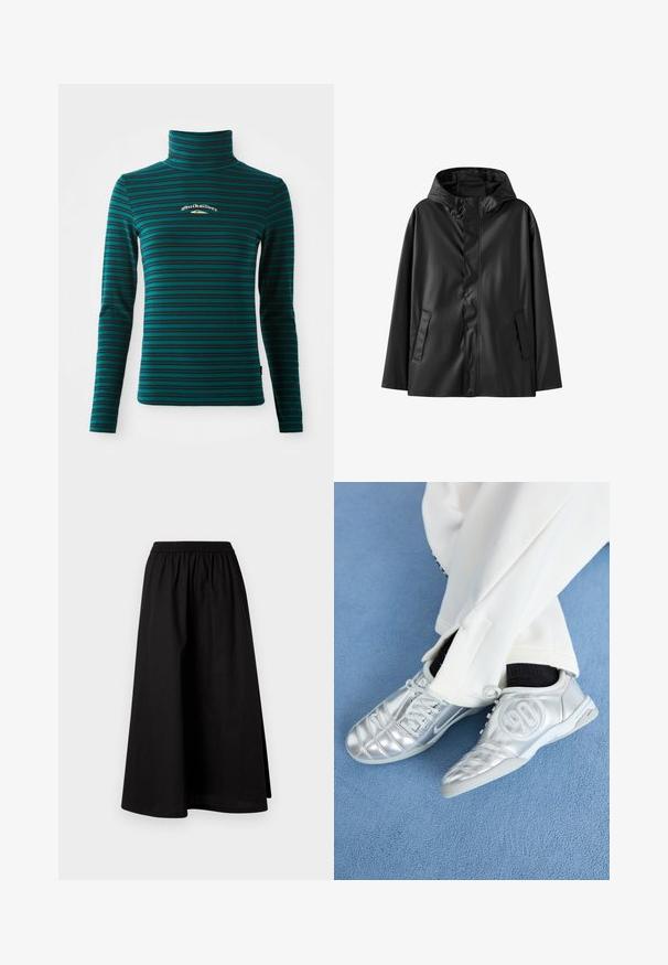 Black waterproof jacket with a hood, featuring a smooth texture, snap button closure, and two side pockets. Classic design with a relaxed fit.; Long-sleeve turtleneck top in teal with dark blue horizontal stripes. Features a small white and gold logo on the chest. Soft, stretchy fabric.; Black, knee-length skirt made of lightweight material with an elastic waistband and a relaxed, A-line silhouette. Features no visible patterns.; Silver athletic shoes with a smooth, shiny finish, featuring a stitched design and the number 90 on the side, paired with white pants.