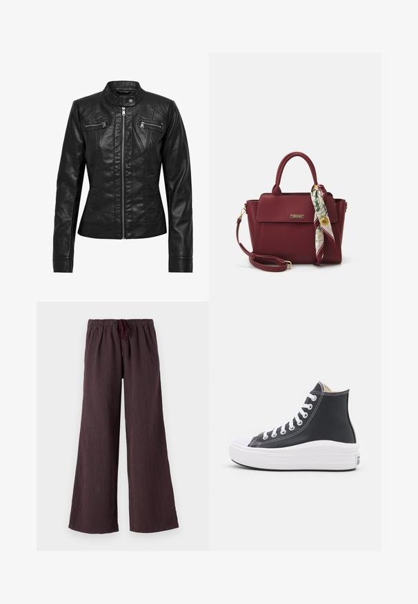 Μαύρο δερμάτινο μπουφάν με χοντρό γιακά, φερμουάρ μπροστά και δύο τσέπες στο στήθος με φερμουάρ. Διαθέτει δομημένες ραφές και εφαρμοστή σιλουέτα.; Ριγωτό πουλόβερ με φαρδιές ναυτικές μπλε και κρέμ οριζόντιες ρίγες. Ριμπ αγκώνα και μανικιού με χαλαρή εφαρμογή. Μαλακή υφή.; Παντελόνια φαρδιά με κορδόνι στη μέση σε σκούρο ύφασμα, με κατακόρυφες κόκκινες και μπλε ρίγες και απαλή υφή.; Μαύρο ψηλό αθλητικό παπούτσι με λευκές κορδόνες και καουτσούκ σόλα. Διαθέτει λεία υφή δέρματος και λευκές ραφές ως λεπτομέρεια.; Βουργουνδιά τσάντα χειρός από συνθετικό υλικό με δομημένο σχέδιο, διαθέτει αποσπώμενος ιμάντας και φουλάρι με λουλούδια δεμένο στη λαβή.