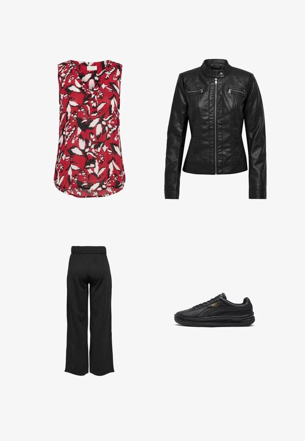 Čierna kožená bunda so stojatým golierom, zipsom vpredu a dvomi vreckami na hrudi so zipsom. Obsahuje štruktúrované švy a priliehavú siluetu.; Červená bezrukávová blúzka s kvetinovým vzorom v čiernej a bielej farbe, s výstrihom do V a mierne zakriveným lemom pre voľný strih.; Čierne široké nohavice s elastickým pásom, vyrobené z hladkej tkaniny. Majú jednoduchý dizajn, bez vreciek alebo viditeľných švíkov.; Čierne tenisky s perforovaným koženým zvrškom, plochými šnúrkami, polstrovaným golierom a kontrastným zlatým brandingom na boku a jazyku. Gumová podrážka.