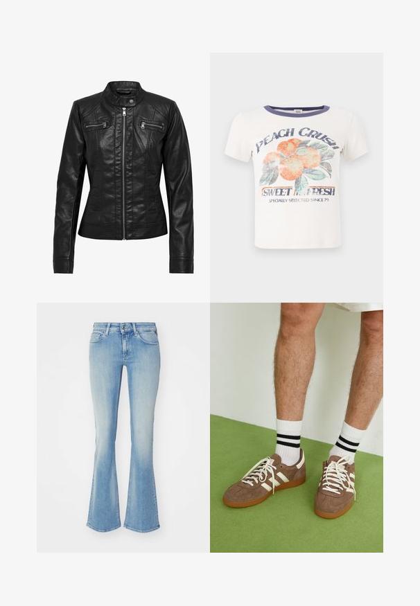 Čierna kožená bunda so stojatým golierom, zipsom vpredu a dvomi vreckami na hrudi so zipsom. Obsahuje štruktúrované švy a priliehavú siluetu.; Biela bavlnená tričko s farebnou grafikou broskýň, textom "Peach Crush" a námořní modrým rebrovaným golierom. Krátke rukávy, voľný strih.; Svetlomodré rozpäté džínsy z bledého denimu s piatimi vreckami, zipsom a pútkami na opasok. Tkanina má hladký, jemne štruktúrovaný povrch.; Hnedé zamatové tenisky s bielymi akcentmi a šnúrkami. Gumová podrážka. Nosené s bielymi ponožkami so čiernymi pruhmi. Zelená textúrovaná podlaha.