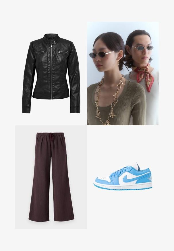 Chaqueta de cuero negra con cuello alzado, cierre frontal con cremallera y dos bolsillos con cremallera en el pecho. Presenta costuras estructuradas y una silueta ajustada.; Top corto blanco de manga larga hecho de tela acanalada. Presenta un escote redondo y un diseño ajustado. Etiqueta visible en el cuello.; Pantalones de pierna ancha con una cintura ajustable en tela oscura, que presentan rayas verticales rojas y azules y una textura suave.; Jordan AIR JORDAN 1 LOW - Zapatillas - university blue/white; Gafas de sol redondas con lentes oscuros y finos marcos plateados. Una persona lleva un collar de cadena dorada, mientras que otra tiene una bufanda de patrón rojo.; Bolso de hombro sintético negro con una silueta curvada, acabado texturizado, logo triangular dorado y acentos de hardware desmontables.