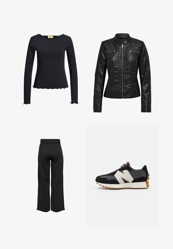 Črna usnjena jakna s stoječim ovratnikom, z zadrgo spredaj in dvema žepoma na prsih z zadrgo. Ima strukturne šive in prilega se postavi.; Črna dolga majica z naborkom na izrezu in robu. Narejena iz mehkega materiala, ima oprijeto obliko in minimalno blagovno oznako znotraj.; Črne hlače širokega kroja z elastičnim pasom, izdelane iz gladkega materiala. Imajo preprost dizajn brez žepov ali vidnih šivov.; Črne in sive semiš športne copate z velikim kremnim logotipom "N", vijoličastimi vezalkami in teksturiranim gumijastim podplatom.