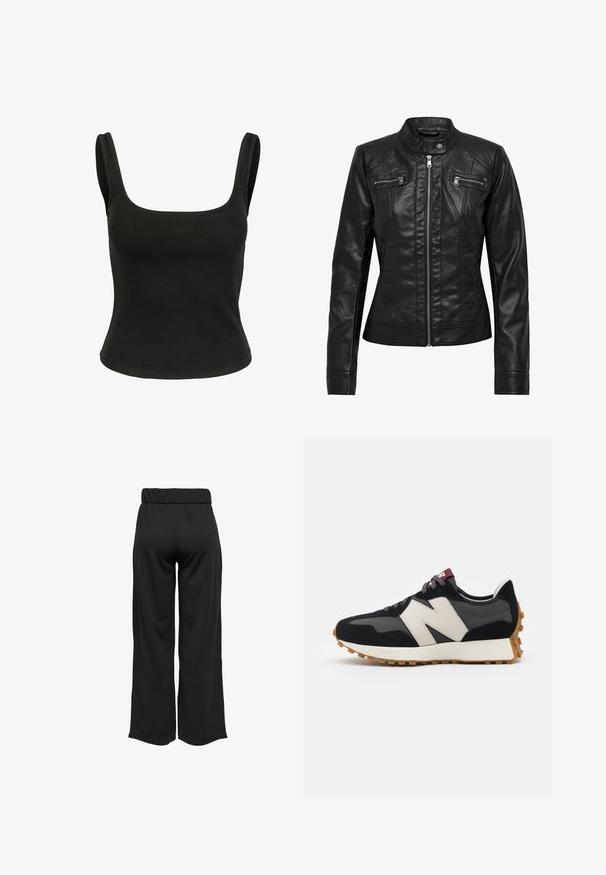 Czarna skórzana kurtka z kołnierzykiem stójkowym, z zapięciem na zamek z przodu i dwoma kieszeniami na zamek na piersi. Oferuje wyprofilowane szwy i dopasowaną sylwetkę.; Czarny bezrękawnik z kwadratowym dekoltem. Wykonany z gładkiego, elastycznego materiału. Dopasowany krój bez widocznych wzorów ani akcentów.; Czarne, szerokie spodnie z elastycznym pasem, wykonane z gładkiego materiału. Charakteryzują się prostym wzornictwem, bez kieszeni i widocznych szwów.; Czarno-szare zamszowe sneakersy z dużym kremowym logo "N", purpurowymi sznurówkami i teksturowaną gumową podeszwą.