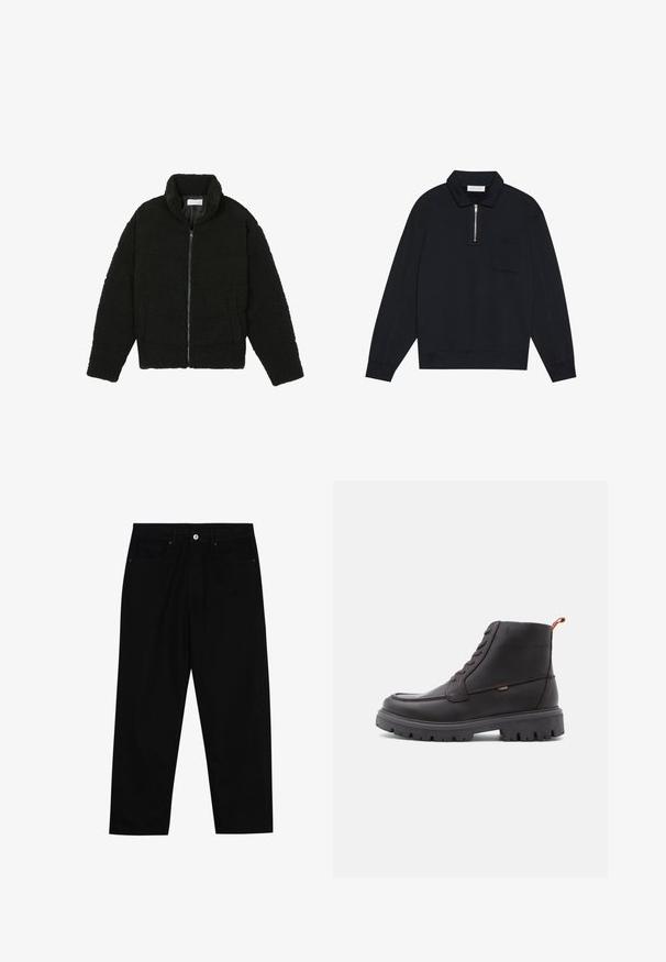 Svart fuskepelsjakke med høy krage, glidelås, elastiske mansjetter og quiltet design. Har sidelommer og en myk tekstur.; Pier One Sweatshirt - black; Sorte denimbukser med rett benklipp, fem-lomme design og frontknappåpning. Jevn tekstur med minimale sømdetaljer.; Brune skinn ankelsko med rund tå, tone-i-tone søm, robust svart gummisåle og oransje trekkstrop på hælen.