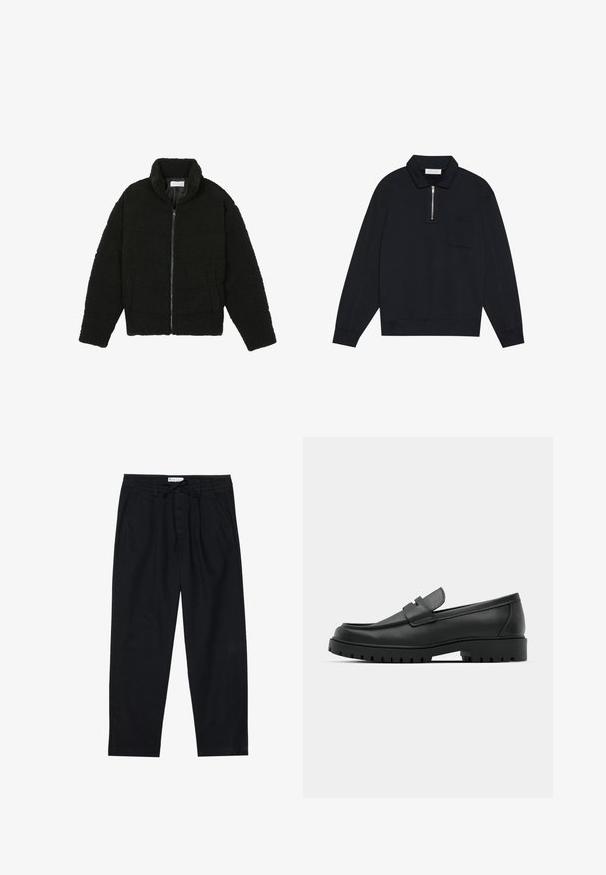 Črna jakna iz umetnega krzna z visokim ovratnikom, z zadrgo, elastičnimi manšetami in kviltanim dizajnom. Ima stranske žepke in mehak tekstur.; Pier One Športni pulover - black; Pier One Hlače chino - black; Črne usnjene loafers čevlje z zaobljenim nosom, ki imajo šivano zasnovo, nizko platformo in teksturiran, profiliran gumijast podplat.