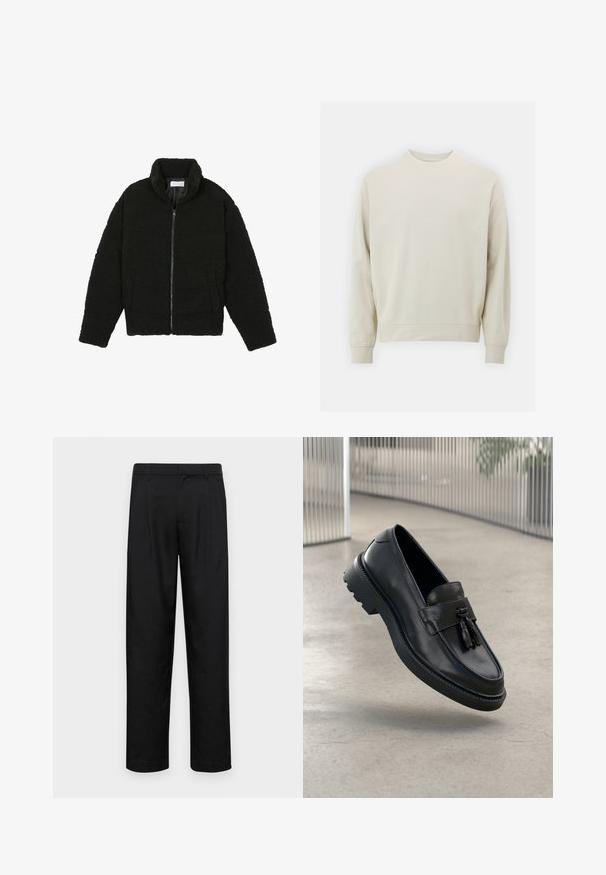 Casaco de pelo sintético preto com gola alta, fecho de zip, punhos elásticos e um design acolchoado. Apresenta bolsos laterais e uma textura suave.; Sweatshirt bege claro feito de um tecido suave, com decote redondo, mangas compridas e punhos e barra canelados. Design minimalista, sem padrões visíveis.; Calças pretas feitas de tecido suave, com um design de perna reta, dois pregas frontais e uma cintura padrão com passantes para cinto.; Mocassins de couro preto com acabamento liso, tassel decorativo, sola grossa de borracha e detalhes costurados. Design leve e elegante.