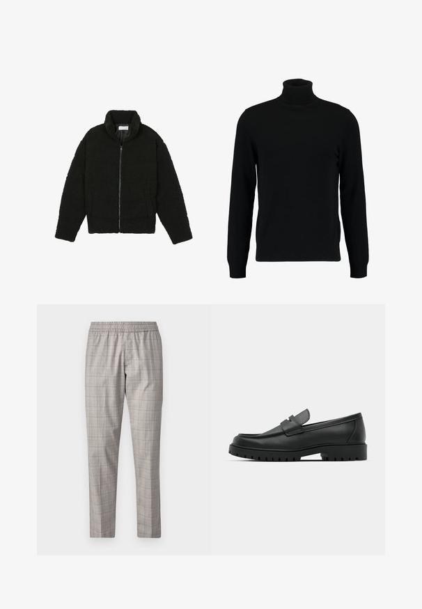 Schwarze Kunstpelzjacke mit hohem Kragen, Reißverschluss, elastischen Bündchen und gestepptem Design. Verfügt über seitliche Taschen und eine weiche Textur.; Schwarzer Rollkragenpullover aus weichem Strickmaterial. Mit langen Ärmeln, geripptem Kragen und Saum. Schlichtes, elegantes Design ohne Muster.; Jack & Jones PREMIUM STKANE EDWIN - Stoffhose - otter; Schwarze Lederloafer mit runder Zehenform, ausgestattet mit einem gesteppten Design, niedrigem Plattformsohle und einer strukturierten, genoppten Gummisohle.