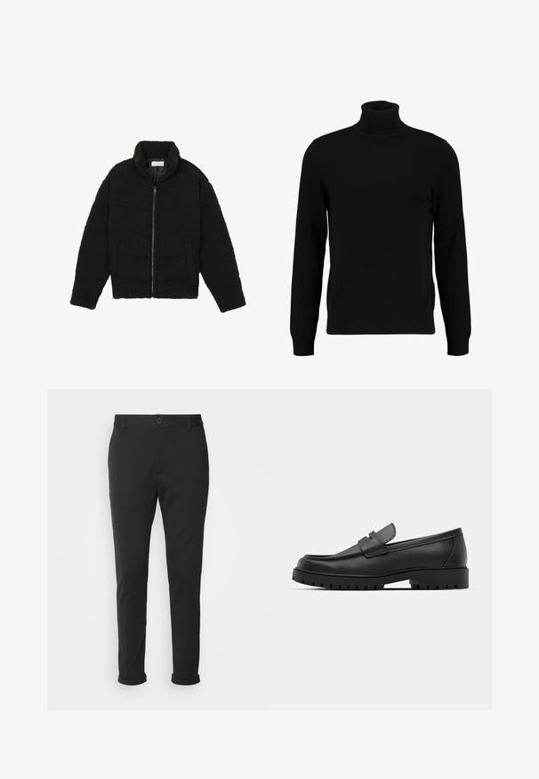 Jachetă din blană sintetică neagră, cu guler înalt, închidere cu fermoar, manșete elastice și un design matlasat. Dispune de buzunare laterale și o textură moale.; Pulover negru cu gât înalt, confecționat dintr-un material tricotat moale. Dispune de mâneci lungi, guler și tiv cu model în cremă. Design simplu, elegant, fără modele.; Pantaloni negri dintr-un material neted, cu o croială dreaptă. Au un sistem de închidere cu un singur nasture și manșete răsucite.; Mocasini din piele neagră cu vârful rotunjit, având un design cusut, talpă joasă și o talpă din cauciuc texturat, cu crampoane.