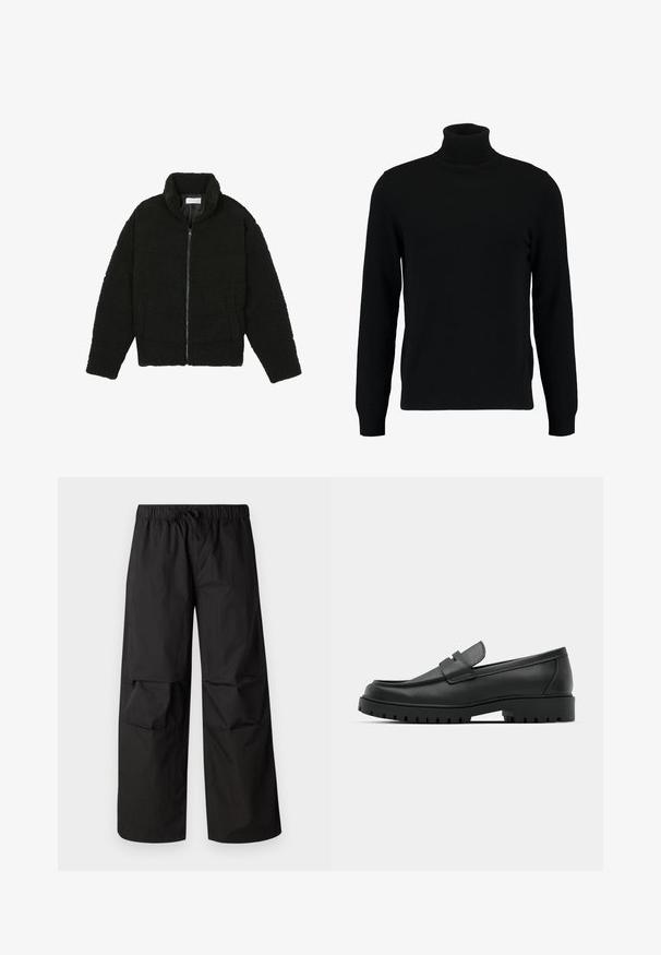 Veste en fausse fourrure noire avec un col haut, fermeture éclair, poignets élastiques et un design matelassé. Elle possède des poches latérales et une texture douce.; Un pull à col roulé noir en matière tricotée douce. Il possède des manches longues, un col et un ourlet côtelés. Son design est simple et épuré, sans motifs.; Pantalons larges noirs en tissu léger, dotés d'une taille élastique avec cordon de serrage et de détails en panneau au niveau des genoux.; Mocassins en cuir noir à bout arrondi, avec un design cousu, une semelle plateforme basse et une semelle en caoutchouc texturée et crantée.