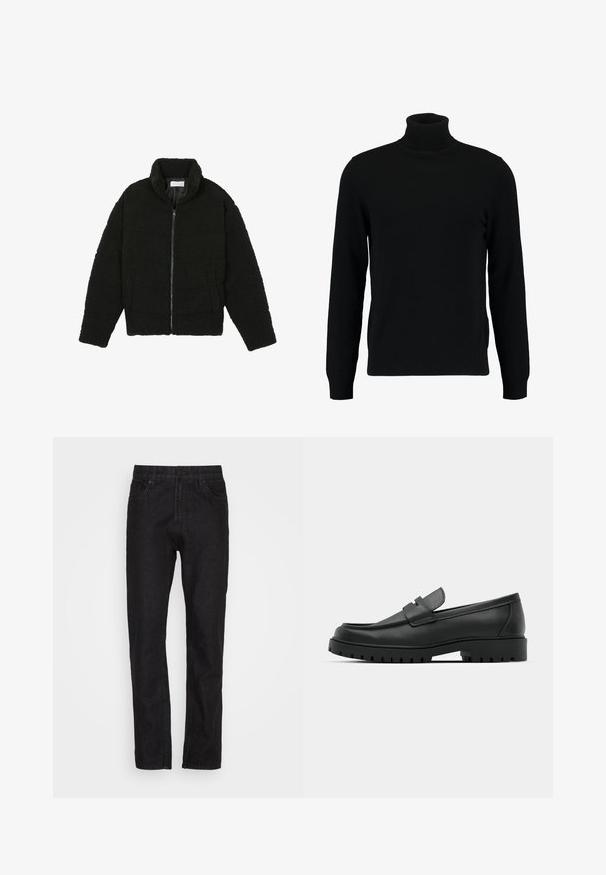 Musta tekokarvalehtijakku korkean kauluksen, vetoketjun, joustavat hihansuut ja tilkkutäkkikuvion. Sisältää sivutaskut ja pehmeän pinnan.; Mustat poolokauluspusero, joka on valmistettu pehmeästä neulomateriaalista. Siinä on pitkät hihat, ribbireunus kauluksessa ja helmassa. Yksinkertainen, tyylikäs muotoilu ilman kuvioita.; Mustat farkut, joissa on suora lahje, viisi taskua, nappi- ja vetoketjusuljenta sekä hillitty tekstuuripinta.; Musta nahkaloafers, joissa on pyöreä kärki, ommeltu pinta, matala alusta ja kuvioitu, kuminen ulkopohja.