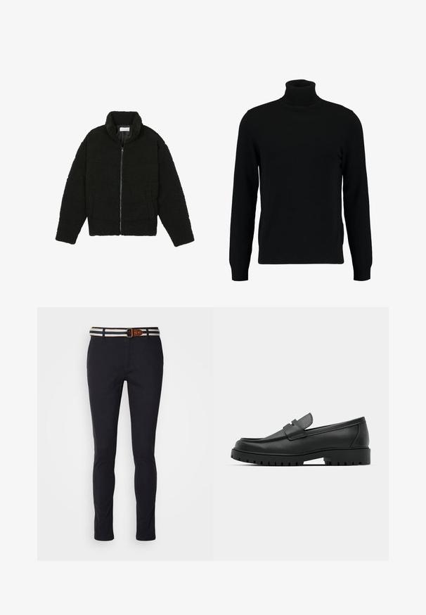 Črna jakna iz umetnega krzna z visokim ovratnikom, z zadrgo, elastičnimi manšetami in kviltanim dizajnom. Ima stranske žepke in mehak tekstur.; Črn pulover s turtleneck ovratnikom, izdelan iz mehkega pletenega materiala. Ima dolge rokave, rebrast ovratnik in rob. Preprost, eleganten dizajn brez vzorcev.; Mornarsko modri bombažni hlače s slim fit krojem, ki vključujejo črtast tkaninast pas z rjavim usnjem in klasično zadrgo.; Črne usnjene loafers čevlje z zaobljenim nosom, ki imajo šivano zasnovo, nizko platformo in teksturiran, profiliran gumijast podplat.