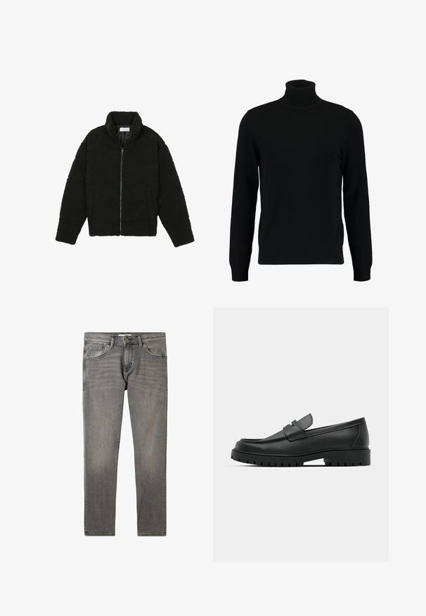 Giacca in pelliccia sintetica nera con colletto alto, chiusura con zip, polsini elasticizzati e design trapuntato. Presenta tasche laterali e una consistenza morbida.; Maglione a collo alto nero realizzato in morbido materiale knit. Presenta maniche lunghe, colletto e orlo a costine. Design semplice e lineare senza motivi.; Jeans in denim grigio con un classico design a gamba dritta, sbiaditura minimale, tasche frontali e chiusura a bottone metallico in vita.; Mocassini in pelle nera con punta rotonda, caratterizzati da un design cucito, suola piatta bassa e un battistrada in gomma testurizzata e scolpita.