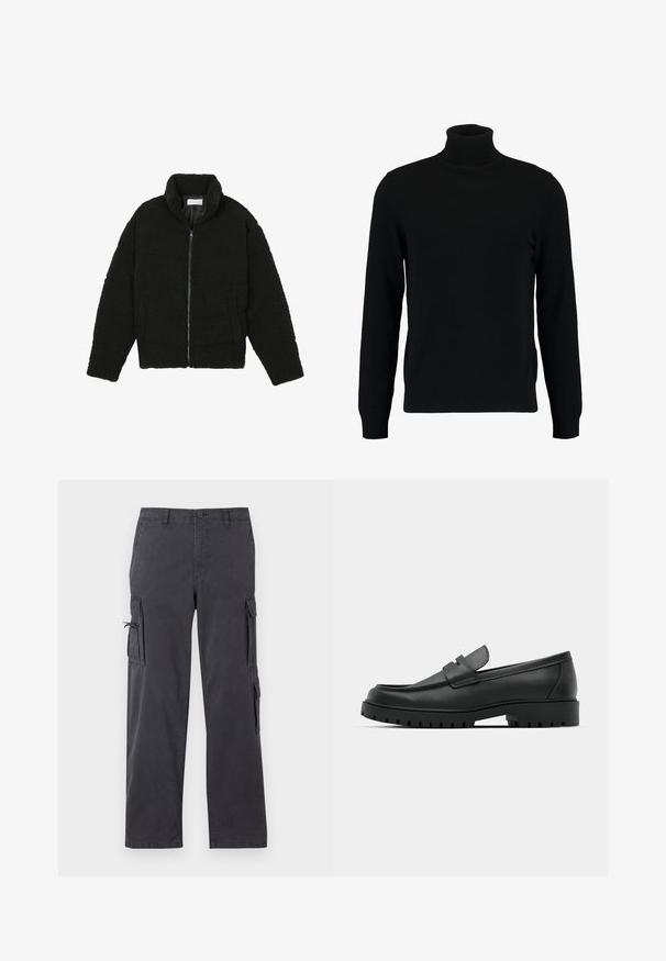 Giacca in pelliccia sintetica nera con colletto alto, chiusura con zip, polsini elasticizzati e design trapuntato. Presenta tasche laterali e una consistenza morbida.; Maglione a collo alto nero realizzato in morbido materiale knit. Presenta maniche lunghe, colletto e orlo a costine. Design semplice e lineare senza motivi.; Pantaloni cargo grigi scuri con design a gamba dritta, realizzati in resistente misto cotone, dotati di tasche laterali e cordini regolabili.; Mocassini in pelle nera con punta rotonda, caratterizzati da un design cucito, suola piatta bassa e un battistrada in gomma testurizzata e scolpita.