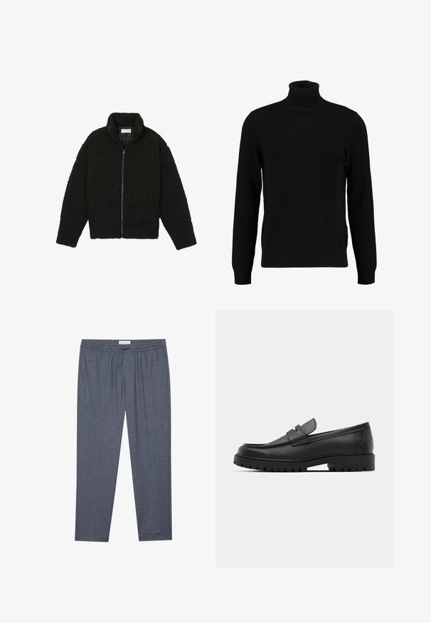 Chaqueta de pelaje sintético negro con cuello alto, cierre de cremallera, puños elásticos y un diseño acolchado. Cuenta con bolsillos laterales y una textura suave.; Jersey de cuello alto negro hecho de un material de punto suave. Cuenta con mangas largas, collar y dobladillo acanalados. Diseño simple y elegante sin patrones.; Pantalones grises de pierna recta con cintura ajustable y sutil textura. La tela parece suave y cómoda, adecuada para uso casual.; Mocasines de cuero negro con punta redonda, que cuentan con un diseño cosido, suela de plataforma baja y una suela de goma texturada y con tacos.