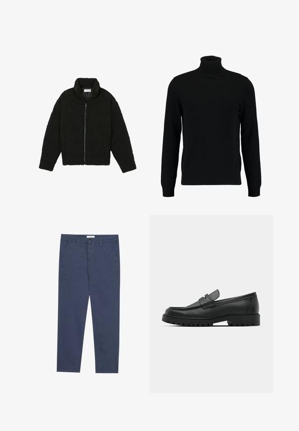 Melnā mākslīgā kažokādas jaka ar augstu apkakli, ar rāvējslēdzēju, elastīgām piedurknēm un kvadrātveida šuvēm. Iespējotas sānu kabatas un mīksta tekstūra.; Melns augsti stāvošs džemperis, kas izgatavots no mīksta adījuma materiāla. Tam ir garas piedurknes, ribota apkakle un apakšmala. Vienkāršs, elegants dizains bez rakstiem.; Navy zila kokvilnas chinos bikses ar taisnu piegriezumu, divām priekšējām kabatām un smalku šuvju akcentiem, ar jostu, kas aizveras ar pogu.; Melnas ādas loafers ar noapaļotu purngalu, ar izšūtu dizainu, zemu platformas zoli un teksturētu, rievotu gumijas ārējo zoli.