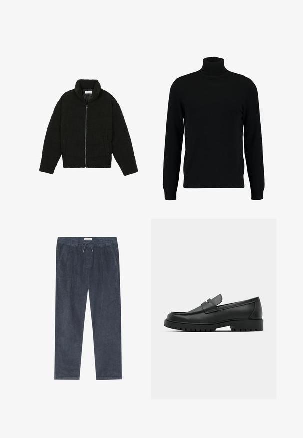 Czarna kurtka z faux futra z wysokim kołnierzem, zapięciem na zamek, elastycznymi mankietami i pikowanym wzorem. Posiada boczne kieszenie i miękką fakturę.; Czarny sweter z golfem, wykonany z miękkiego, dzianinowego materiału. Posiada długie rękawy, prążkowany kołnierz i dół. Prosty, elegancki design bez wzorów.; Granatowe spodnie z korduroju z elastycznym paskiem w talii i sznurkiem do regulacji; posiada boczne kieszenie i pionowy, żebrowany wzór. Prosty krój nogawki.; Czarne skórzane mokasyny z zaokrąglonym noskiem, posiadające przeszywany wzór, niską platformę oraz teksturowaną, gumową podeszwę z bieżnikiem.