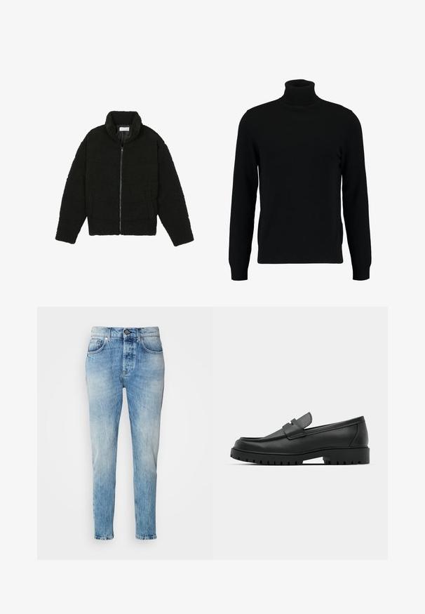 Svart fuskepelsjakke med høy krage, glidelås, elastiske mansjetter og quiltet design. Har sidelommer og en myk tekstur.; Svart høyhalset genser laget av et mykt strikkemateriale. Har lange ermer, ribbestrikket krage og hem. Enkel, elegant design uten mønstre.; Lyseblå denimbukser med en falmet vask, rett ben-design, fem lommer og metallknap-lukning. Subtile folder ved hoftene.; Sorte lærloafere med rund tå, med en syddesign, lav plattformsåle og en teksturert, ruggede gummisåle.