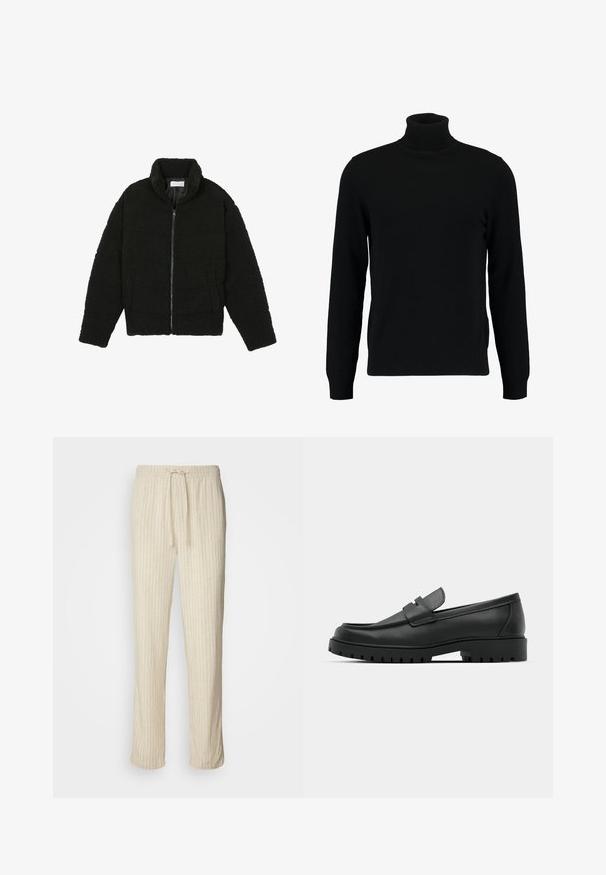 Čierna umelá kožušinová bunda s vysokým golierom, zipsom, elastickými manžetami a prešívaným dizajnom. Má bočné vrecká a jemnú textúru.; Čierny rolák vyrobený z mäkkého pleteného materiálu. Má dlhé rukávy, rebrovaný golier a lem. Jednoduchý, elegantný dizajn bez vzorov.; Lindbergh STRIPED PANTS - Nohavice - stone; Čierne kožené mokasíny s okrúhlou špičkou, s prešitým dizajnom, nízkou platformou a textúrovanou, zúbkovanou gumovou podrážkou.