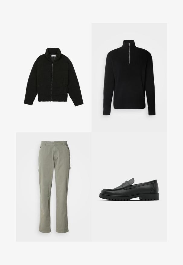 Sort faux fur jakke med høj krave, lynlås lukning, elastiske ærmer og et quiltet design. Har sidelommer og en blød tekstur.; Lindbergh HALF ZIP  - Striktrøje - black; Lys grønne bomuldsbukser med lige snit, der har forlommer, en knaplukning og en talje med bæltesløjfer.; Sorte læder loafers med rund tå, der har et syet design, lav platformssål og en struktureret, skridsikker gummisål.