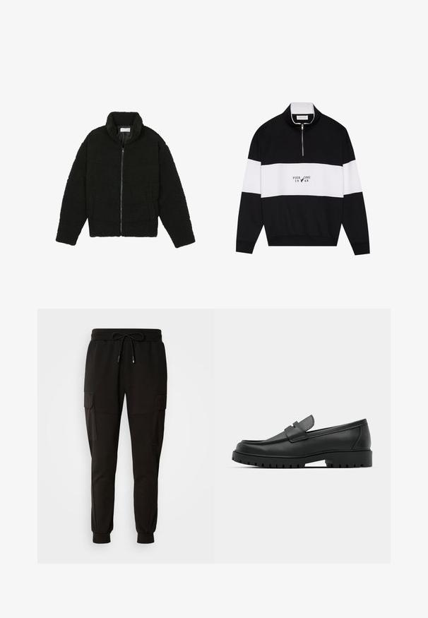 Czarna kurtka z faux futra z wysokim kołnierzem, zapięciem na zamek, elastycznymi mankietami i pikowanym wzorem. Posiada boczne kieszenie i miękką fakturę.; Pier One - Bluza; Czarne dresy z elastycznym pasem i sznurkiem do regulacji. Posiada kieszenie cargo po bokach oraz elastyczne mankiety na kostkach.; Czarne skórzane mokasyny z zaokrąglonym noskiem, posiadające przeszywany wzór, niską platformę oraz teksturowaną, gumową podeszwę z bieżnikiem.