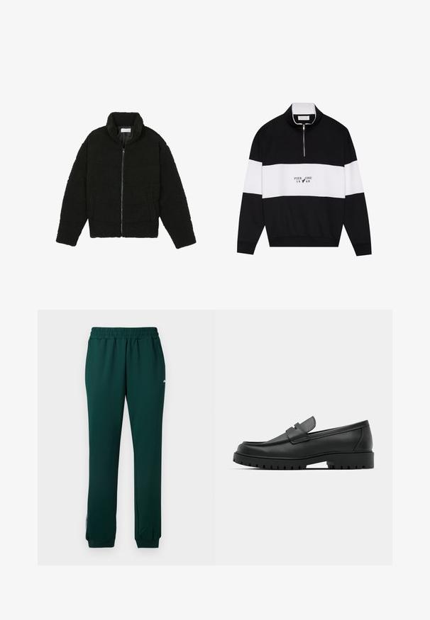 Zwarte faux fur jas met een hoge kraag, ritssluiting, elastische manchetten en een doorgestikt ontwerp. Beschikt over zijzakken en een zachte textuur.; Pier One Sweater - jet black; Donkergroene sweatpants met een elastische tailleband, zijzakken en boorden bij de enkel. Gemaakt van een gladde, rekbare stof.; Zwarte leren instappers met een ronde neus, voorzien van een gestikt ontwerp, een lage platformzool en een gestructureerde, grof rubberen buitenzool.