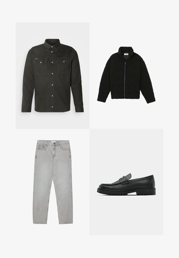 Černá umělá kožešinová bunda s vysokým límcem, zipovým uzávěrem, elastickými manžetami a prošívaným designem. Obsahuje postranní kapsy a jemnou texturu.; Černý svetr s límcem na zip, dlouhými rukávy, žebrovanými manžetami a lemem, vyrobený z měkké a hladké tkaniny.; Tmavě zelená košile vyrobená z pevné tkaniny, s špičatým límcem, dvěma předními kapsami s klopami a stříbrnými patentkami.; Světlé šedé džíny s rovnými nohavicemi, pět kapsami a knoflíkovým zapínáním. Viditelné švy podél švů.; Černé kožené mokasíny s kulatou špičkou, zdobené prošitím, s nízkou platformou a texturovanou gumovou podrážkou s drážkováním.