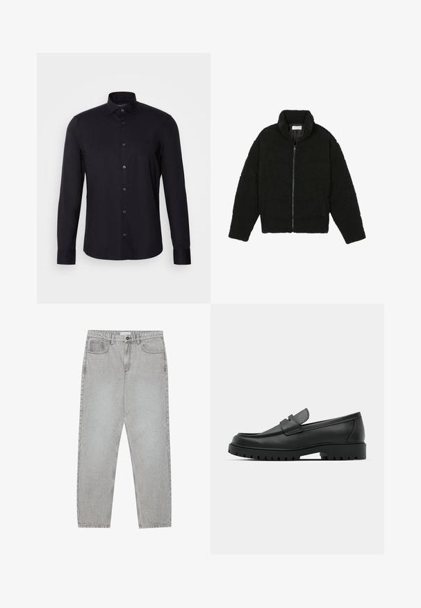 Schwarze Kunstpelzjacke mit hohem Kragen, Reißverschluss, elastischen Bündchen und gestepptem Design. Verfügt über seitliche Taschen und eine weiche Textur.; Schwarzer Pullover mit einem Reißverschlusskragen, langen Ärmeln, gerippten Bündchen und Saum, aus einem weichen, glatten Stoff hergestellt.; Schwarzes Langarmshirt aus Baumwollmischung. Verfügt über einen Button-Down-Kragen, Vorderknöpfe und ein dezentes besticktes Logo auf der Brust.; Helle graue Jeanshose mit gerade geschnittenem Design, Fünf-Taschen-Stil und Knopfverschluss. Sichtbare Nähte entlang der Seitennähte.; Schwarze Lederloafer mit runder Zehenform, ausgestattet mit einem gesteppten Design, niedrigem Plattformsohle und einer strukturierten, genoppten Gummisohle.