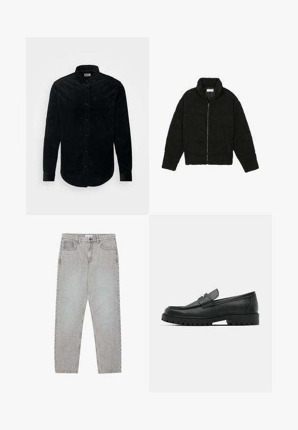 Juoda dirbtinė kailio striukė su aukštu apykakle, užtrauktuku, elastingomis rankovėmis ir siuvinėtu raštu. Su šoninėmis kišenėmis ir švelnia tekstūra.; Juodas megztinis su užtrauktuku ant apykaklės, ilgomis rankovėmis, guminiu apkaustu ir apačia, pagamintas iš švelnios, lygios medžiagos.; Juodas kordūro košmaras su ilgomis rankovėmis, mygtukų užsegimu priekyje, nuleidžiamu apykakle, vienu krūtiniu kišeniu ir suapvalintu kraštu. Tekstūruota medžiaga.; Šviesiai pilki džinsai su tiesiu kirpimu, penkiais kišenėmis ir mygtuko uždarymu. Matoma siuvimo linija palei siūles.; Juodi odiniai loaferiai su apvalia nosimi, su siuvinėtu dizainu, žemu platformos padu ir tekstūruotu, sukibimo raštu padu.