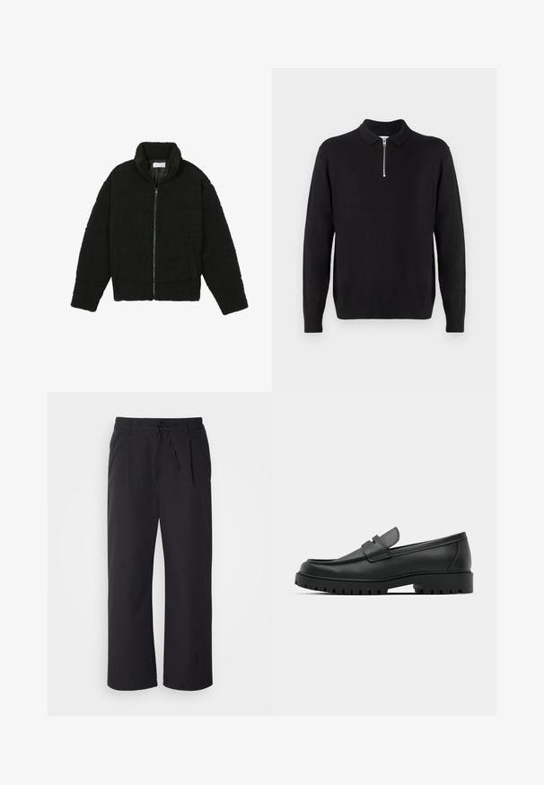 Must must karusnahast jakk kõrge kraega, lukuga sulgemine, elastsed varrukad ja tikandmuster. Omab küljetaskuid ja pehmet tekstuuri.; Must mustriga mustri, millel on lukuga kaelus, pikad varrukad, soonikkoesed ja ääred, valmistatud pehmest ja sujuvast kangast.; Laiad püksid tekstuuriga mustast kangast, millel on paeltega vöö, kahe esiosa tasku ja sirge lõikega disain.; Mustad musta nahast loafers, millel on ümar varvas, tikandiga disain, madal platvorm-soon ja tekstureeritud, soonikkummist välistald.