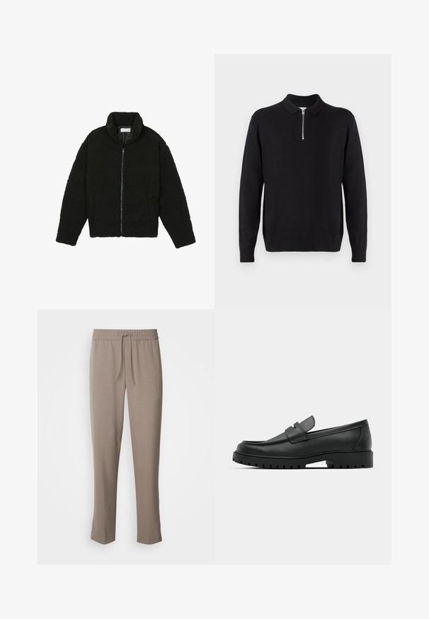 Svart fuskepelsjakke med høy krage, glidelås, elastiske mansjetter og quiltet design. Har sidelommer og en myk tekstur.; Svart genser med glidelås i kragen, lange ermer, ribbestrikkede mansjetter og kant, laget av et mykt, glatt stoff.; Lys brune bukser med elastisk linning og snor. Smalere ben med en glat tekstur og ingen synlige mønstre eller detaljer.; Sorte lærloafere med rund tå, med en syddesign, lav plattformsåle og en teksturert, ruggede gummisåle.