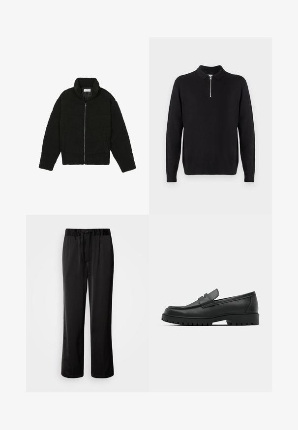 Czarna kurtka z faux futra z wysokim kołnierzem, zapięciem na zamek, elastycznymi mankietami i pikowanym wzorem. Posiada boczne kieszenie i miękką fakturę.; Czarny sweter z suwakiem przy kołnierzu, z długimi rękawami, ściągaczami przy mankietach i dolnym końcu, wykonany z miękkiego, gładkiego materiału.; Czarne, luźne spodnie z elastycznym pasem i regulowanym sznurkiem. Gładki materiał z detalami na bocznych szwach, bez kieszeni.; Czarne skórzane mokasyny z zaokrąglonym noskiem, posiadające przeszywany wzór, niską platformę oraz teksturowaną, gumową podeszwę z bieżnikiem.