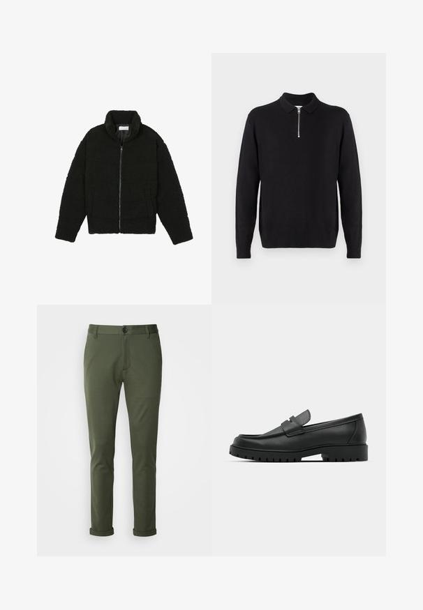 Fekete műszőrme dzseki magas gallérral, cipzáros záródással, rugalmas mandzsettákkal és steppelt mintázattal. Oldalsó zsebekkel rendelkezik, és puha tapintású.; Fekete pulóver, cipzáras gallérral, hosszú ujjakkal, bordázott mandzsettával és aljjal, puha, sima anyagból készült.; Olíva zöld, karcsú szabású nadrág, puha anyagból, gombos zárással, klasszikus zsebekkel és felgöngyölt szárakkal a bokánál.; Fekete bőr loafer cipők kerek orral, varrott mintázattal, alacsony platformtalpú és texturált, barázdált gumitalppal.