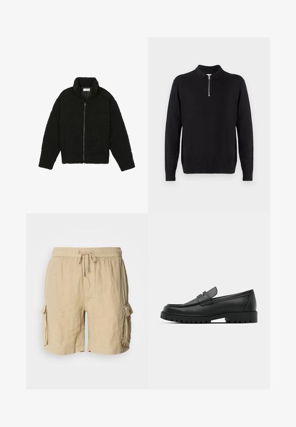 Schwarze Kunstpelzjacke mit hohem Kragen, Reißverschluss, elastischen Bündchen und gestepptem Design. Verfügt über seitliche Taschen und eine weiche Textur.; Schwarzer Pullover mit einem Reißverschlusskragen, langen Ärmeln, gerippten Bündchen und Saum, aus einem weichen, glatten Stoff hergestellt.; Beige Cargo-Shorts aus leichtem Material mit elastischem Bund und Kordelzug. Verfügt über zwei seitliche Taschen und eine strukturierte Oberfläche.; Schwarze Lederloafer mit runder Zehenform, ausgestattet mit einem gesteppten Design, niedrigem Plattformsohle und einer strukturierten, genoppten Gummisohle.