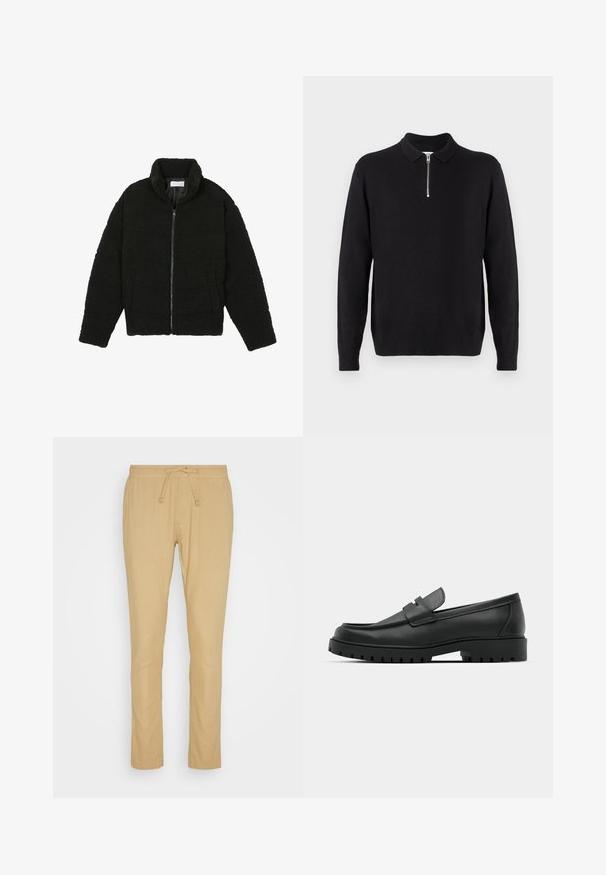 Črna jakna iz umetnega krzna z visokim ovratnikom, z zadrgo, elastičnimi manšetami in kviltanim dizajnom. Ima stranske žepke in mehak tekstur.; Črn pulover s kapuco in zadrgo, dolgimi rokavi, rebrastimi manšeti in robom, izdelan iz mehke, gladke tkanine.; Bež hlače iz lahkega materiala, z elastičnim pasom in vrvico, ravne kroja in gladke teksture.; Črne usnjene loafers čevlje z zaobljenim nosom, ki imajo šivano zasnovo, nizko platformo in teksturiran, profiliran gumijast podplat.