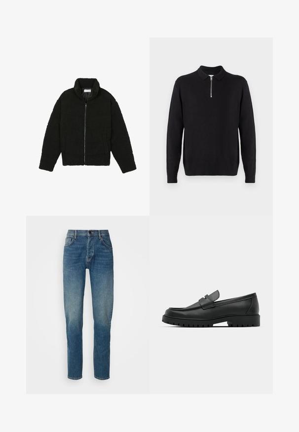 Čierna umelá kožušinová bunda s vysokým golierom, zipsom, elastickými manžetami a prešívaným dizajnom. Má bočné vrecká a jemnú textúru.; Čierny pulóver so zipsom na golieri, dlhými rukávmi, rebrovanými manžetami a lemom, vyrobený z mäkkej, hladkej tkaniny.; Džínsy z denimu v stredne modrom odtieni, s rovnými nohavicami, piatimi vreckami, predným zipsom a zapínaním na gombík. Vyblednutá textúra na stehnách.; Čierne kožené mokasíny s okrúhlou špičkou, s prešitým dizajnom, nízkou platformou a textúrovanou, zúbkovanou gumovou podrážkou.