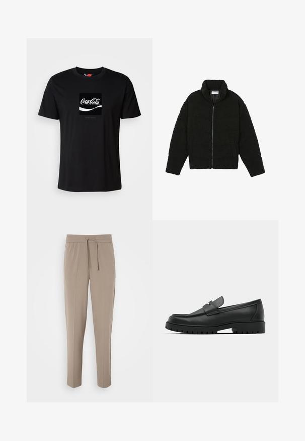 Črna jakna iz umetnega krzna z visokim ovratnikom, z zadrgo, elastičnimi manšetami in kviltanim dizajnom. Ima stranske žepke in mehak tekstur.; Črna majica s dolgimi rokavi, ki ima na sprednji strani velik beli tiger grafiko. Narejena iz bombaža s klasičnim krojem okroglega vratu.; Črna bombažna majica s kratkimi rokavi in okroglo ovratnikom, ki ima v beli barvi grafični prikaz logotipa Coca-Cola in pravokotno podobo.; Svetlo bež hlače z elastičnim pasom, nastavljivo vrvico in ozkimi nogami. Tkanina se zdi gladka z rahlim sijajem.; Črne usnjene loafers čevlje z zaobljenim nosom, ki imajo šivano zasnovo, nizko platformo in teksturiran, profiliran gumijast podplat.