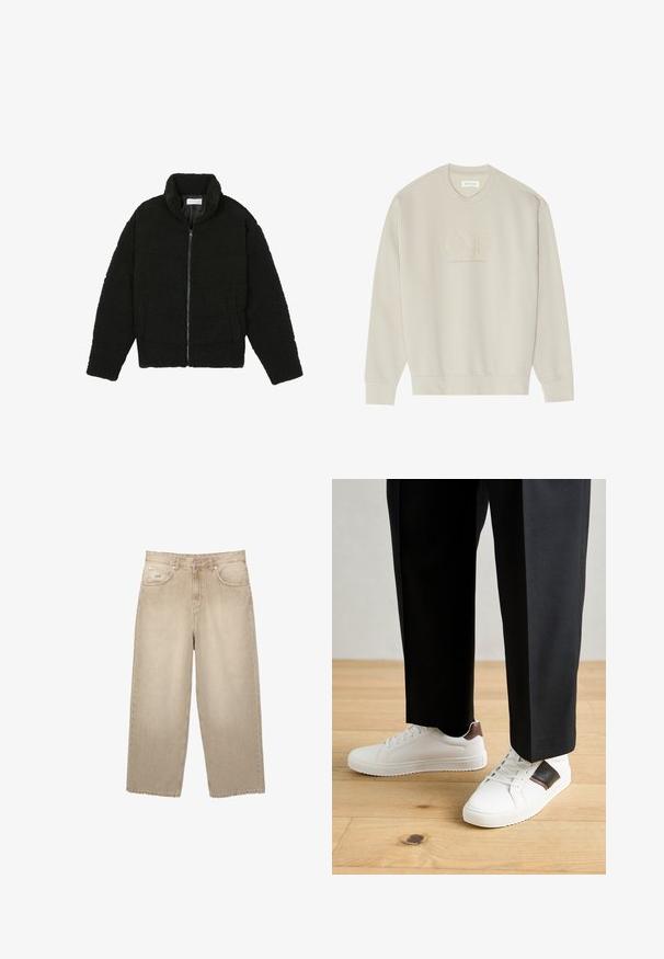 Fekete műszőrme dzseki magas gallérral, cipzáros záródással, rugalmas mandzsettákkal és steppelt mintázattal. Oldalsó zsebekkel rendelkezik, és puha tapintású.; Krém színű, puha anyagból készült pulóver. Kerek nyakú, hosszú ujjú, és hímzett "ONE" logóval rendelkezik az elején.; Beige, magas derekú, széles lábú farmernadrág, fröccsölt szegéllyel, két elülső zsebbel és finom varrási részletekkel.; Fehér sneaker, sima textúrával, barna bőr díszítéssel és fekete részletekkel, fekete szabott nadrággal párosítva. Fából készült padló háttér.