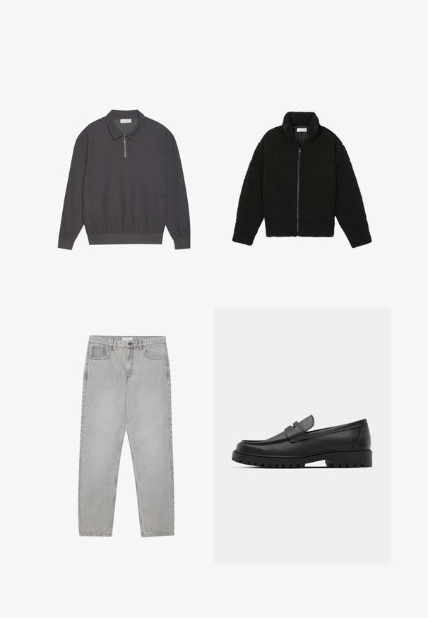Giacca in pelliccia sintetica nera con colletto alto, chiusura con zip, polsini elasticizzati e design trapuntato. Presenta tasche laterali e una consistenza morbida.; Polo a maniche lunghe di colore grigio scuro con colletto con zip, texture a costine, polsini elasticizzati e tasche laterali. Design casual e versatile.; Pantaloni in denim grigio chiaro con design a gamba dritta, stile a cinque tasche e chiusura con bottone. Cuciture visibili lungo le cuciture.; Mocassini in pelle nera con punta rotonda, caratterizzati da un design cucito, suola piatta bassa e un battistrada in gomma testurizzata e scolpita.