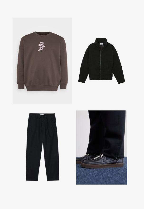 Sort faux fur jakke med høj krave, lynlås lukning, elastiske ærmer og et quiltet design. Har sidelommer og en blød tekstur.; Brun sweatshirt med rund hals og lange ærmer. Har et pink blomsterbroderi design på forsiden, tekstureret stof og ribbede cuffs.; Pier One Chino - black; Nike Sportswear KILLSHOT 2 LTR PRM OPP2 - Sneakers - black sail baroque brown mtlc dk grey