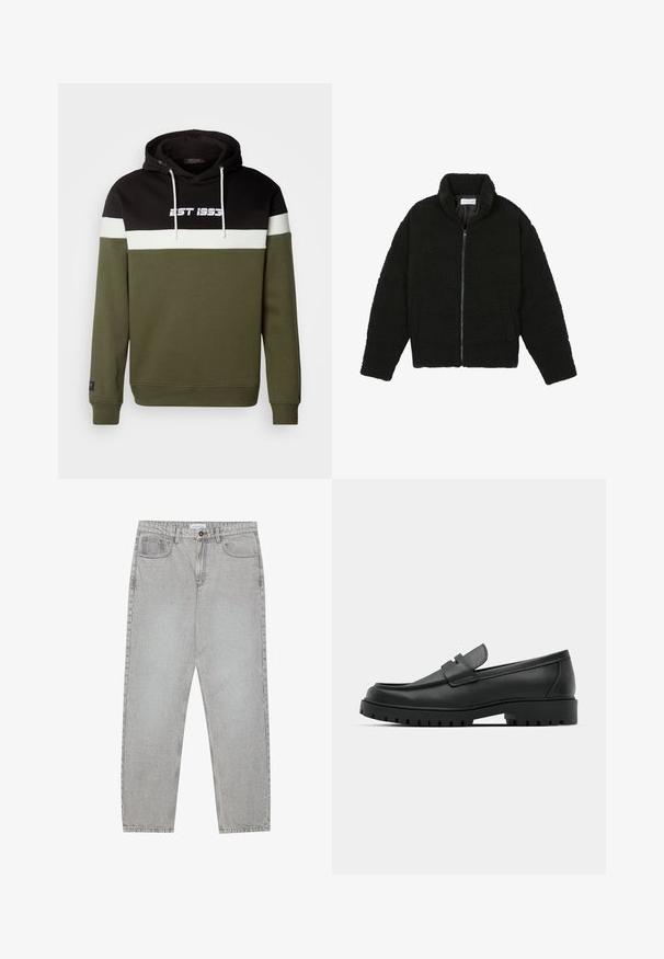 Black faux fur jacket with a high collar, zip closure, elastic cuffs, and a quilted design. Features side pockets and a soft texture.; Hooded sweatshirt featuring black, white, and olive green panels, with front "EST 1995" text and drawstring accents. Cotton blend fabric.; Light grey denim pants with a straight-leg design, five-pocket styling, and a button closure. Visible stitching along the seams.; Black leather loafers with a rounded toe, featuring a stitched design, low platform sole, and a textured, lugged rubber outsole.