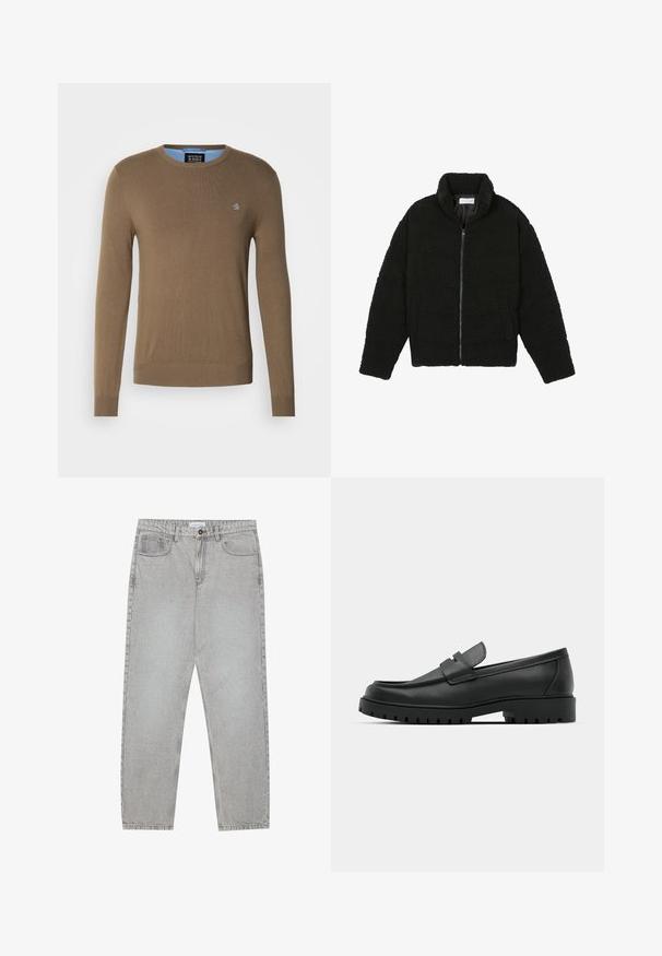 Zwarte faux fur jas met een hoge kraag, ritssluiting, elastische manchetten en een doorgestikt ontwerp. Beschikt over zijzakken en een zachte textuur.; Bruine gebreide trui met lange mouwen, ronde hals en blauwe accent bij de halslijn. Bevat een klein logo op de borst. Soepele textuur.; Lichtgrijze denimbroek met een recht model, vijfzakkenstijl en een knoopsluiting. Zichtbare stiksels langs de naden.; Zwarte leren instappers met een ronde neus, voorzien van een gestikt ontwerp, een lage platformzool en een gestructureerde, grof rubberen buitenzool.