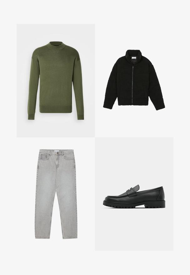 Svart faux fur-jacka med hög krage, dragkedjestängning, elastiska manschetter och ett kviltat mönster. Har sidofickor och en mjuk textur.; Olivgrön tröja med rund halsringning, långa ärmar och en mjuk, lätt stickad struktur. Har en figursydd, ribbad nederkant.; Ljusgrå denimbyxor med rak benform, femficksdesign och knappstängning. Synliga sömmar längs sömmarna.; Svarta lädersneakers med rund tå, med en sydd design, låg plattformssula och en texturerad, mönstrad gummisula.