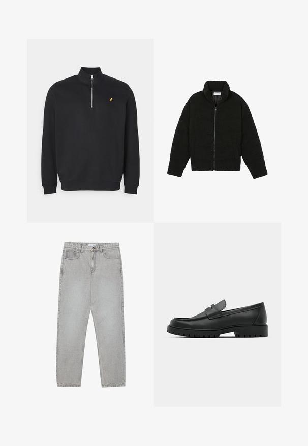Giacca in pelliccia sintetica nera con colletto alto, chiusura con zip, polsini elasticizzati e design trapuntato. Presenta tasche laterali e una consistenza morbida.; Felpa nera con collo alto, zip frontale e un piccolo logo dorato sul lato sinistro del petto. Texture morbida e design casual.; Pantaloni in denim grigio chiaro con design a gamba dritta, stile a cinque tasche e chiusura con bottone. Cuciture visibili lungo le cuciture.; Mocassini in pelle nera con punta rotonda, caratterizzati da un design cucito, suola piatta bassa e un battistrada in gomma testurizzata e scolpita.