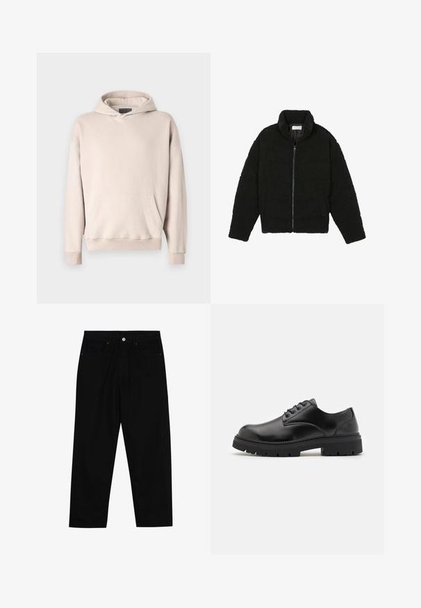 Juoda dirbtinė kailio striukė su aukštu apykakle, užtrauktuku, elastingomis rankovėmis ir siuvinėtu raštu. Su šoninėmis kišenėmis ir švelnia tekstūra.; Šviesiai smėlinės spalvos gobtuvinė palaidinė, pagaminta iš minkštos medžiagos. Su kengūros tipo kišene, įsukamais rankogaliais ir laisvo silueto dizainu.; Juoda džinsinė kelnė su tiesiu kirpimu, penkių kišenių dizainu ir priekiniais mygtukais. Lygus paviršius su minimaliu siuvimo detalėmis.; Juodi odiniai bateliai su apvaliu nosiu, raištelių užsegimu ir storu, tekstūruotu guminėmis padais. Yra siuvinėjimas per kraštą ir lygus paviršius.