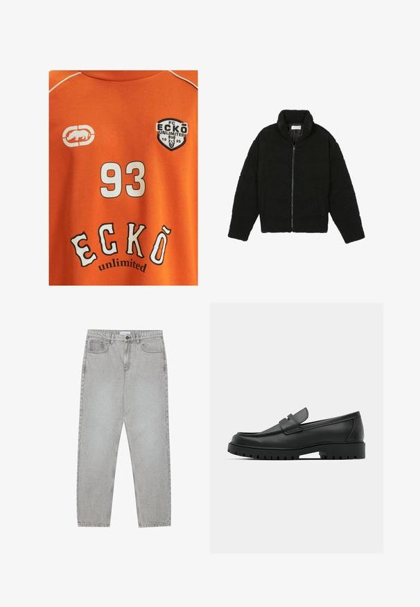 Must must karusnahast jakk kõrge kraega, lukuga sulgemine, elastsed varrukad ja tikandmuster. Omab küljetaskuid ja pehmet tekstuuri.; Oranž puuvillane T-särk, millel on valge number "93" ja "ECKŌ unlimited" musta ja valge kirjaga. Üksikasjana on logo ninasarvikuga.; Heledad hallide denimpüksid otse säärekujundusega, viie-taskulise stiliseerimise ja nupukinnitusega. Nähtav õmblus kõrvuti.; Mustad musta nahast loafers, millel on ümar varvas, tikandiga disain, madal platvorm-soon ja tekstureeritud, soonikkummist välistald.