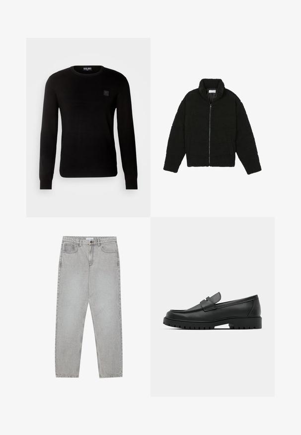 Casaco de pelo sintético preto com gola alta, fecho de zip, punhos elásticos e um design acolchoado. Apresenta bolsos laterais e uma textura suave.; Antony Morato WITH LOGO PATCH - Camisola - black; Calças de ganga cinza claro com um design de perna reta, estilo de cinco bolsos e fecho com botão. Costura visível ao longo das costuras.; Sapatilhas de couro preto com bico arredondado, apresentando um design cosido, sola de plataforma baixa e um solado de borracha texturizado e com cravos.