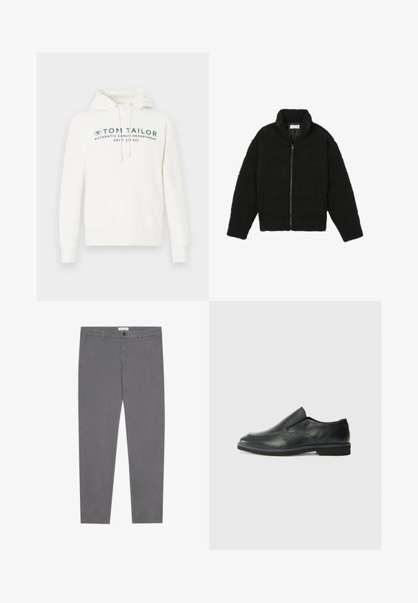 Casaco de pelo sintético preto com gola alta, fecho de zip, punhos elásticos e um design acolchoado. Apresenta bolsos laterais e uma textura suave.; Sweatshirt branco com capuz e bolso canguru, apresentando uma impressão gráfica frontal em azul-escuro e cordões ajustáveis no capuz.; Calças de algodão cinzentas com um corte justo, apresentando dois bolsos frontais, um único bolso traseiro e um fecho com botão na cintura.; Sapato slip-on preto em pele com um upper liso, acabamentos cosidos, bico arredondado e um salto de borracha baixo. A sola apresenta um padrão de aderência mínimo.